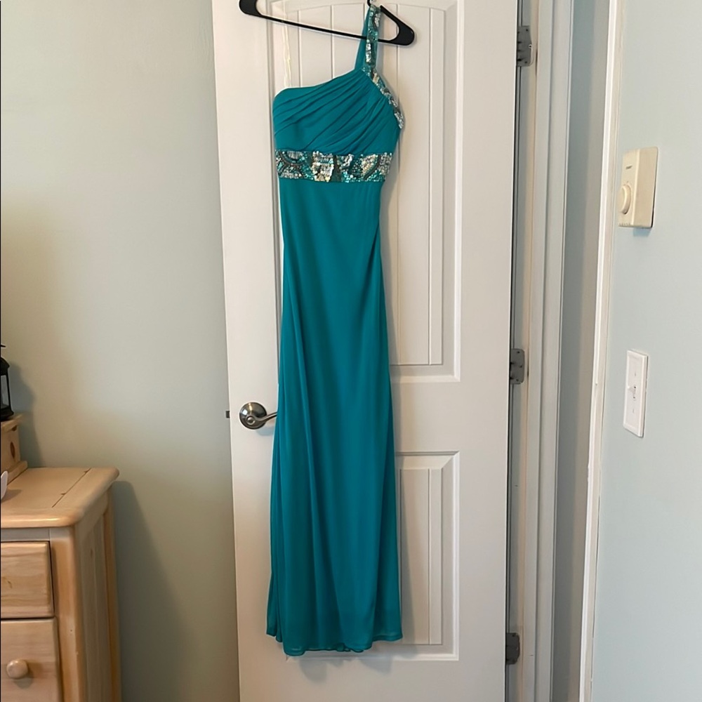 Teal One-Shoulder Gown with Sequin Detail